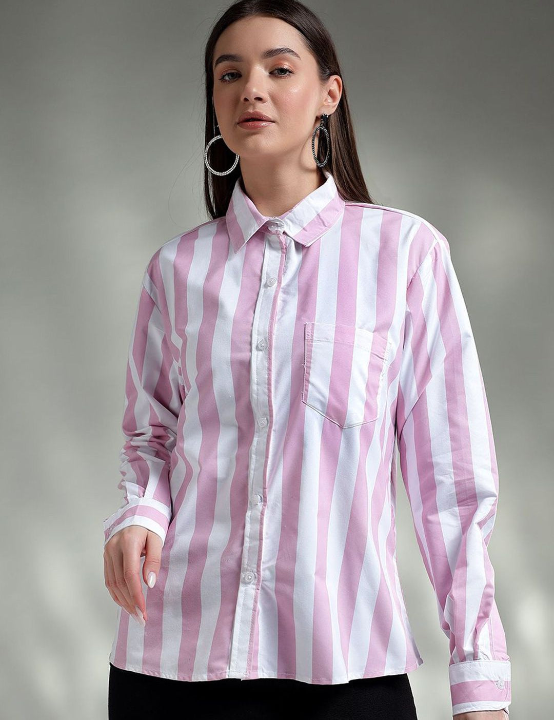 Kotty Women Spread Collar Striped Cotton Casual Shirt
