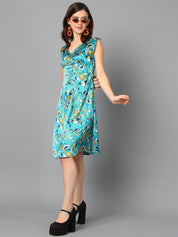 Kotty Blue & Yellow Floral Printed Satin A Line Dress