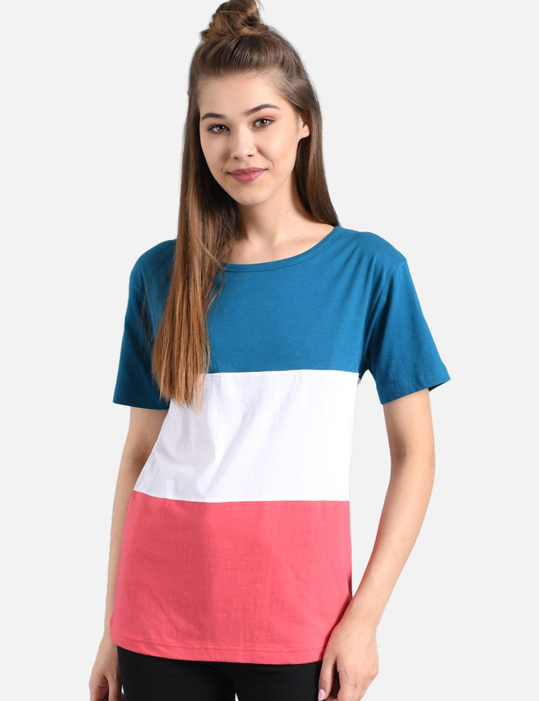 Kotty Women White & Blue Colourblocked V-Neck T-shirt