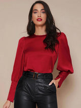 Kotty Round Neck Cuffed Sleeve Satin Top