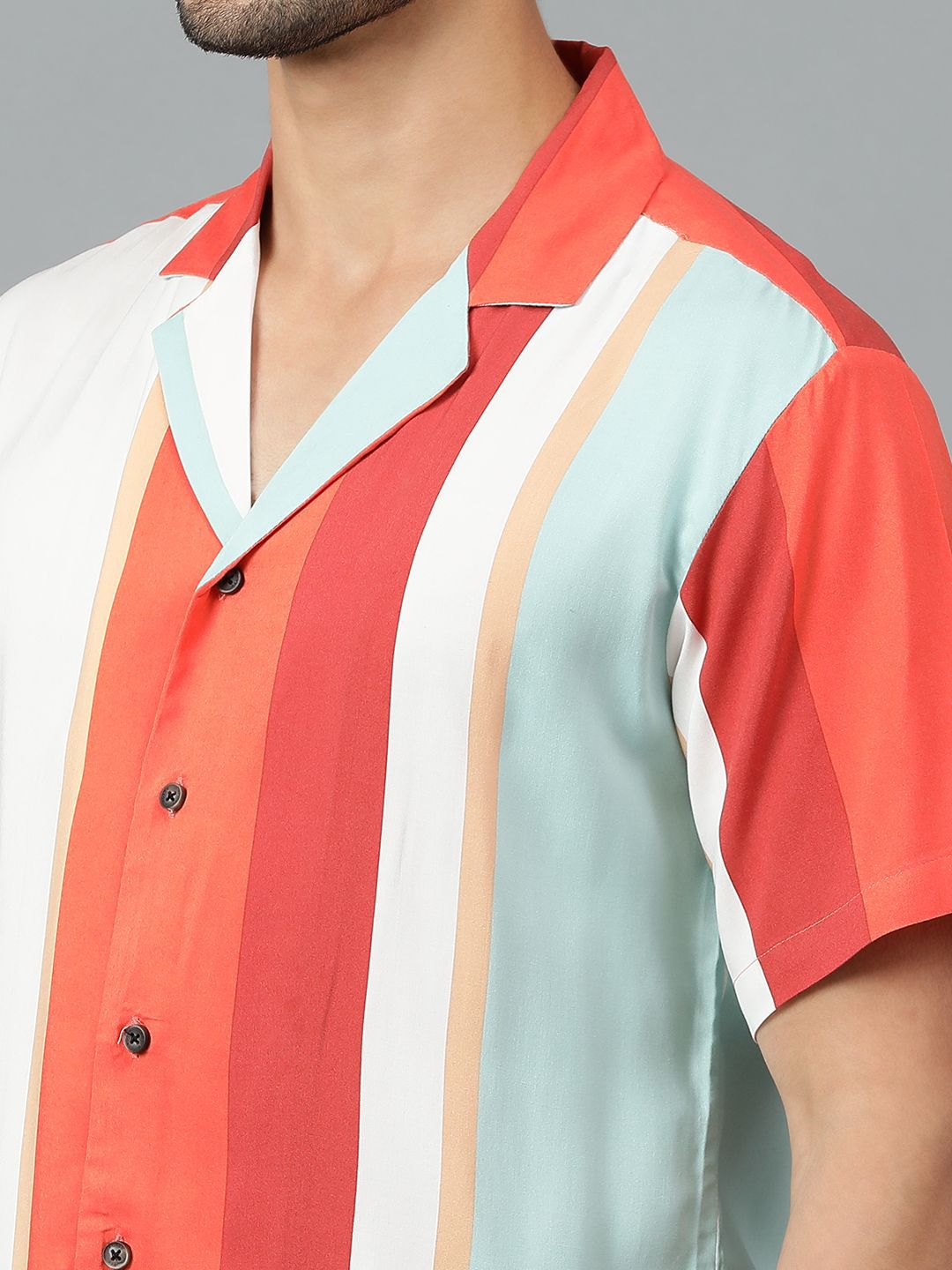 Kotty Men Cuban Collar Striped Casual Shirt