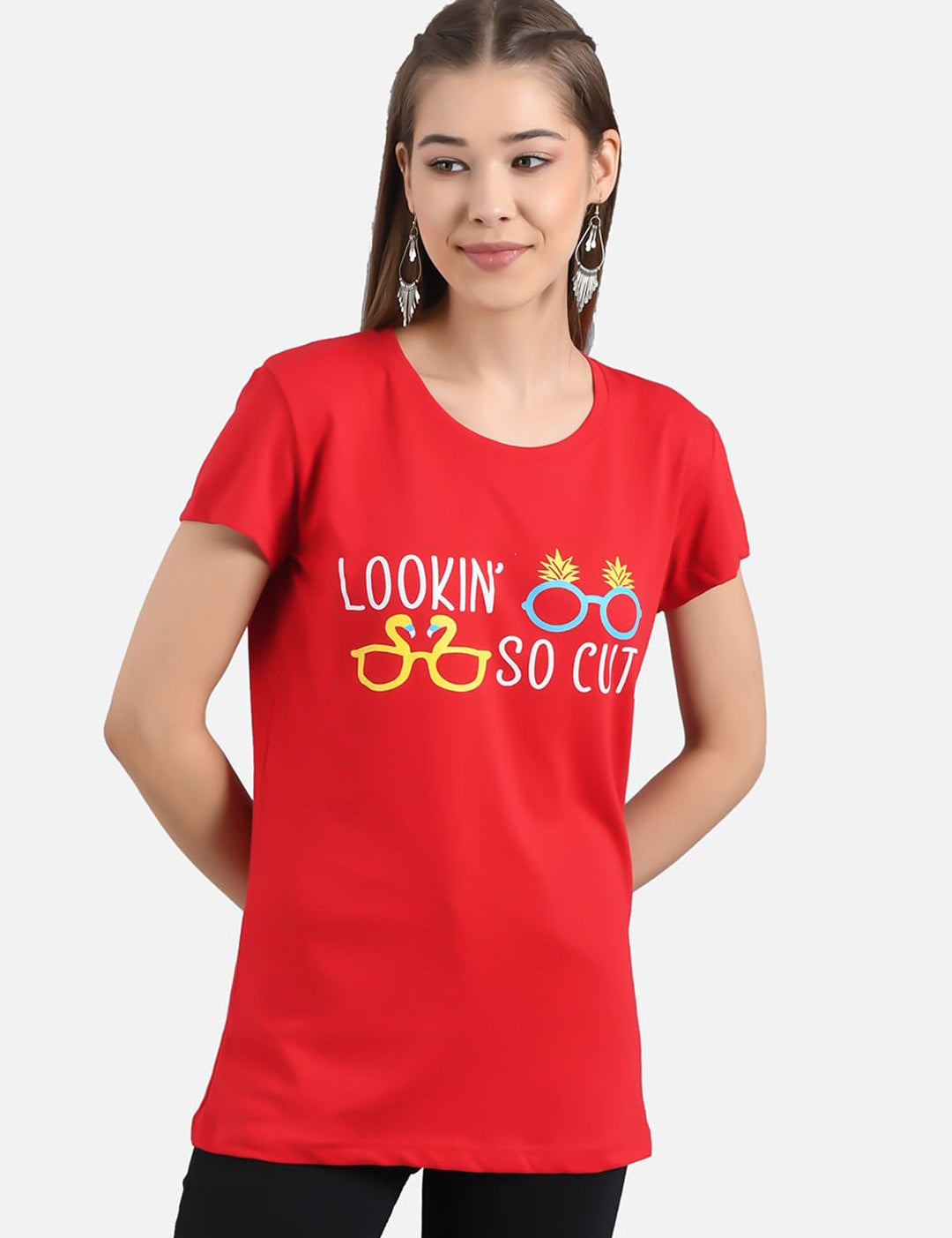 Kotty Women Pack Of 2 Red & Pink Printed Round Neck T-shirts