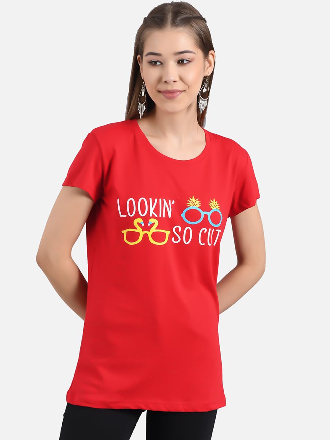 Kotty Women Pack Of 2 Red & Pink Printed Round Neck T-shirts