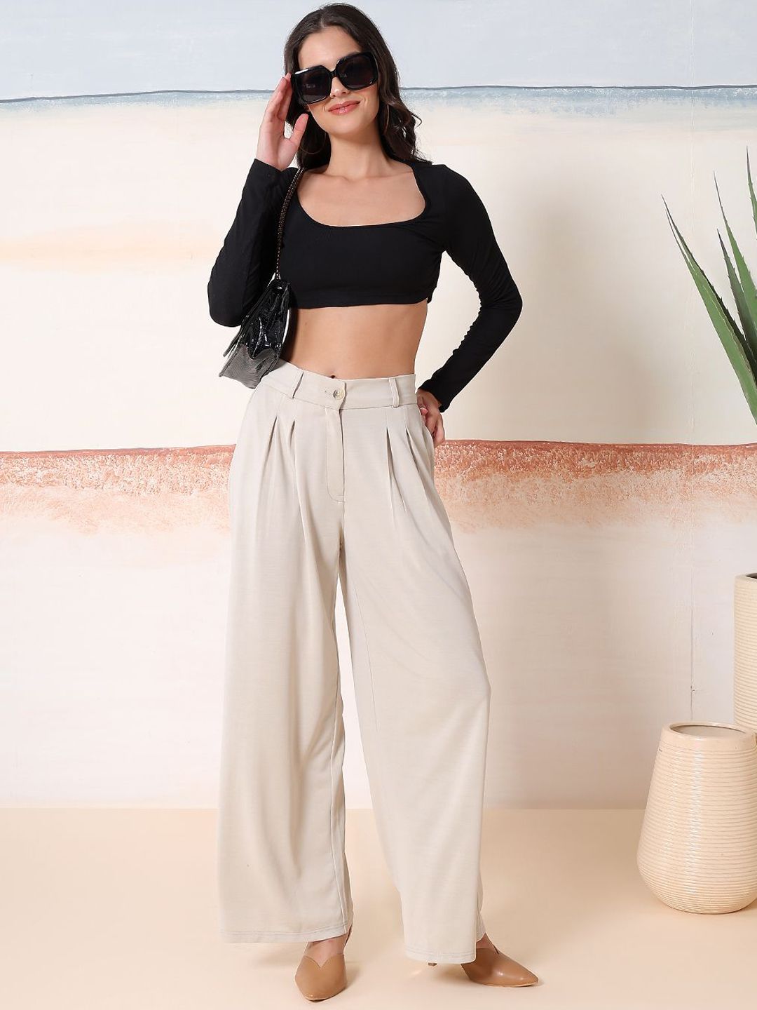 Kotty Women Solid Comfort Flared High-Rise Pleated Parallel Trousers