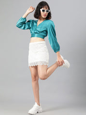 Kotty Satin Puff Sleeve Wrap Crop Top