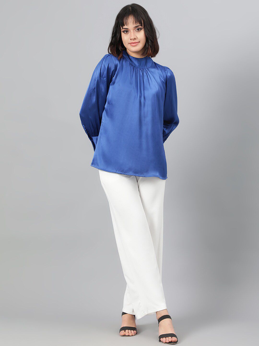 Kotty Blue High Neck Cuffed Sleeve Pleated Satin Top