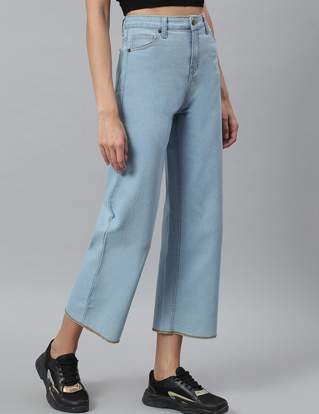 Kotty Women Blue Solid Cotton High Rise Crop Flared Jeans