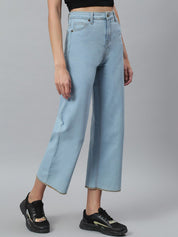 Kotty Women Blue Solid Cotton High Rise Crop Flared Jeans