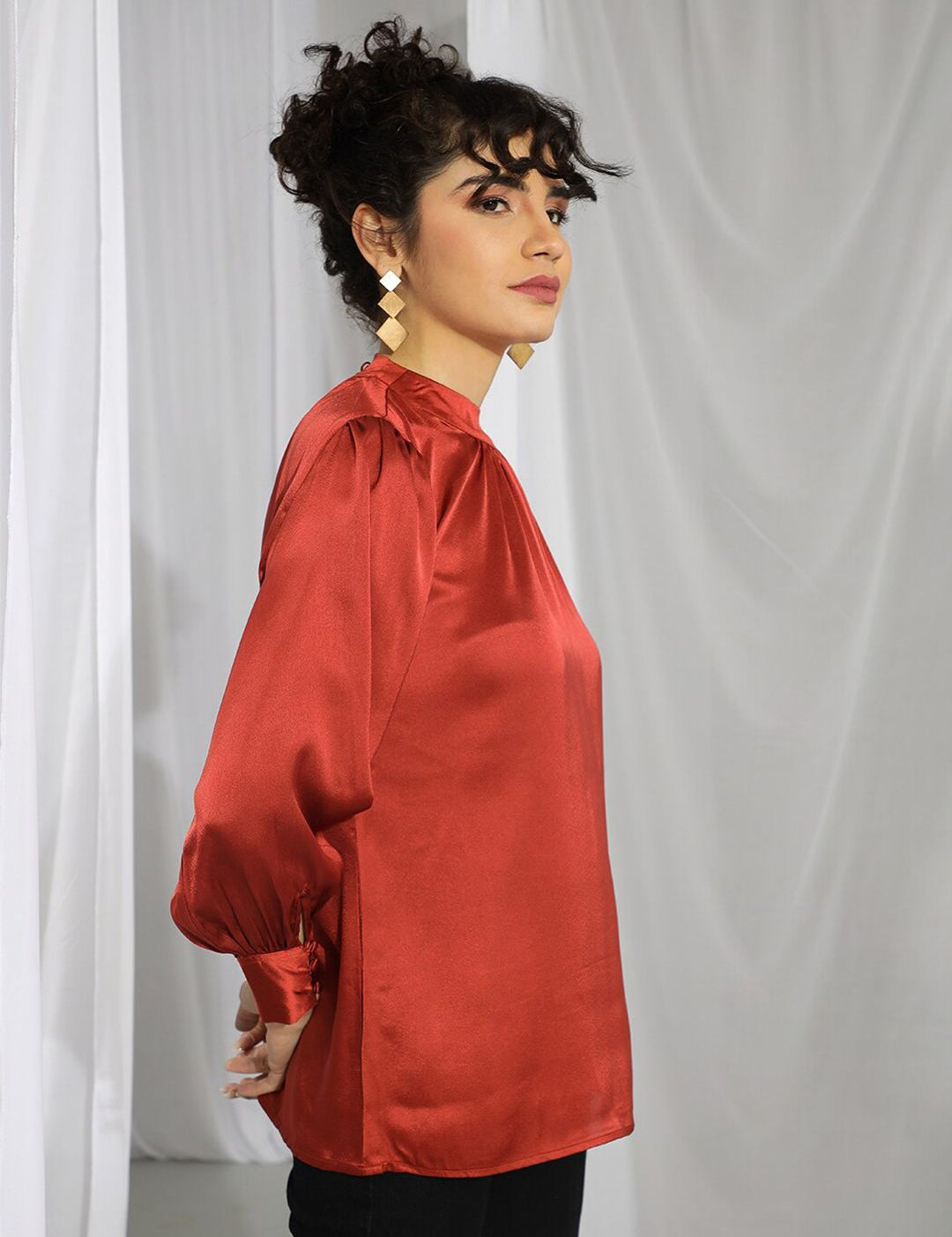 KOTTY BIZwear Rust-Coloured High Neck Bishop Sleeves Gathered Detail Satin Top