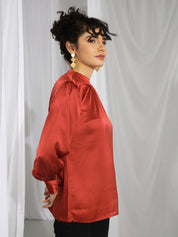 KOTTY BIZwear Rust-Coloured High Neck Bishop Sleeves Gathered Detail Satin Top