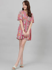 Kotty Pink & White Ethnic Motifs Printed Flared Sleeves Empire Mini Dress