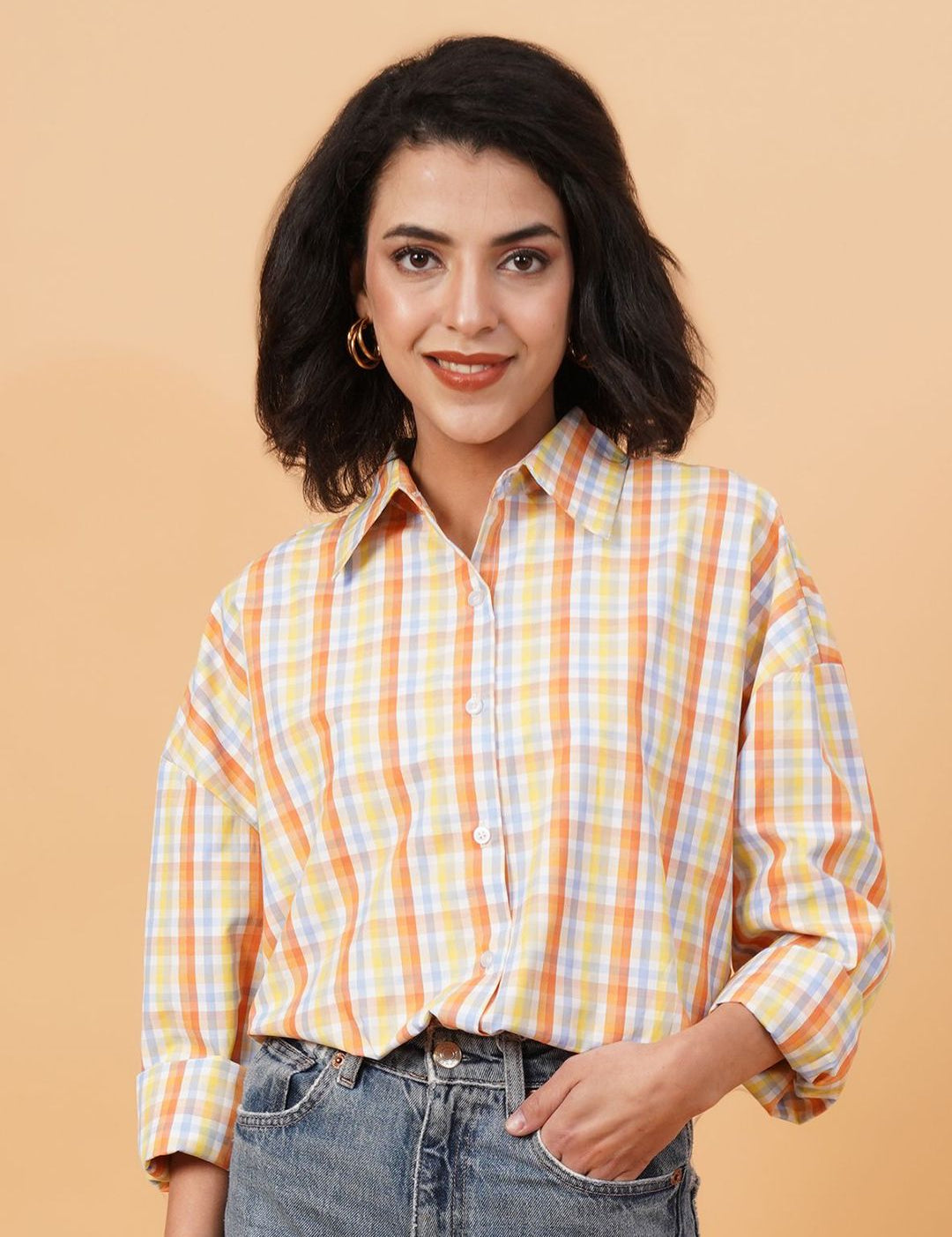 Kotty Orange Spread Collar Checked Casual Shirt