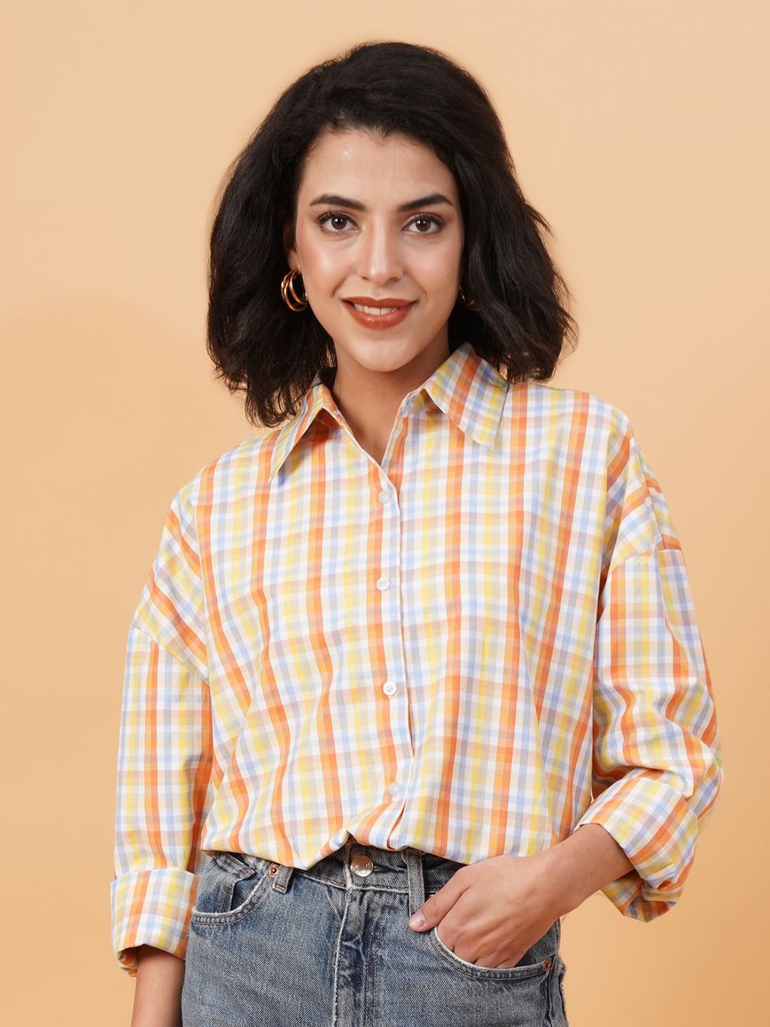 Kotty Orange Spread Collar Checked Casual Shirt