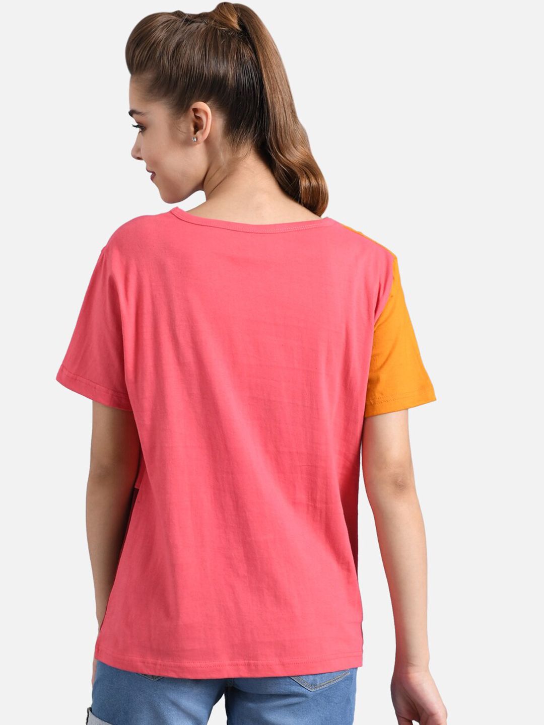 Kotty Women Pink & Mustard Yellow Colourblocked Round Neck T-shirt