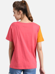 Kotty Women Pink & Mustard Yellow Colourblocked Round Neck T-shirt