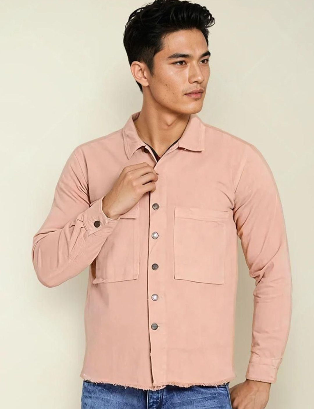 Kotty Men Spread Collar Solid Denim Tailored Jacket