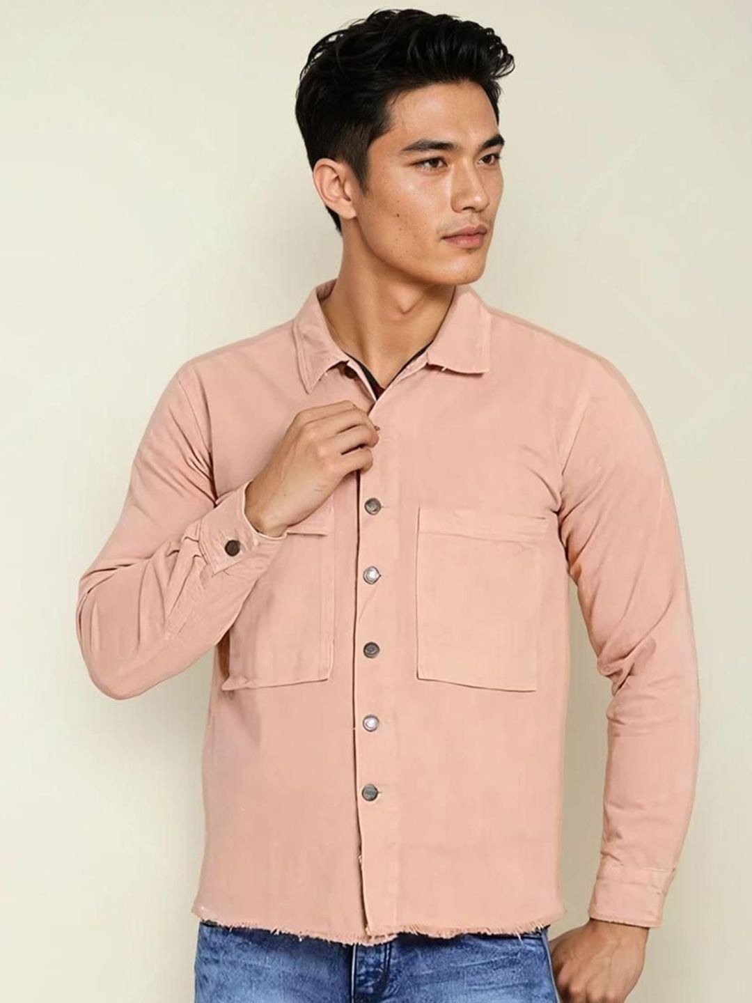 Kotty Men Spread Collar Solid Denim Tailored Jacket