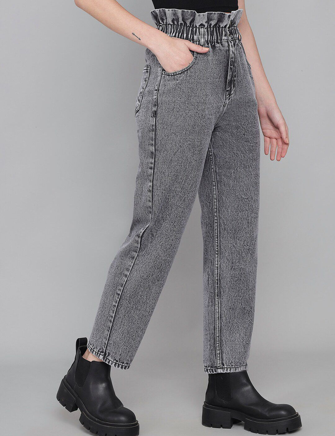 Kotty Women Charcoal Jean Boyfriend Fit High-Rise Heavy Fade Pure Cotton Jeans