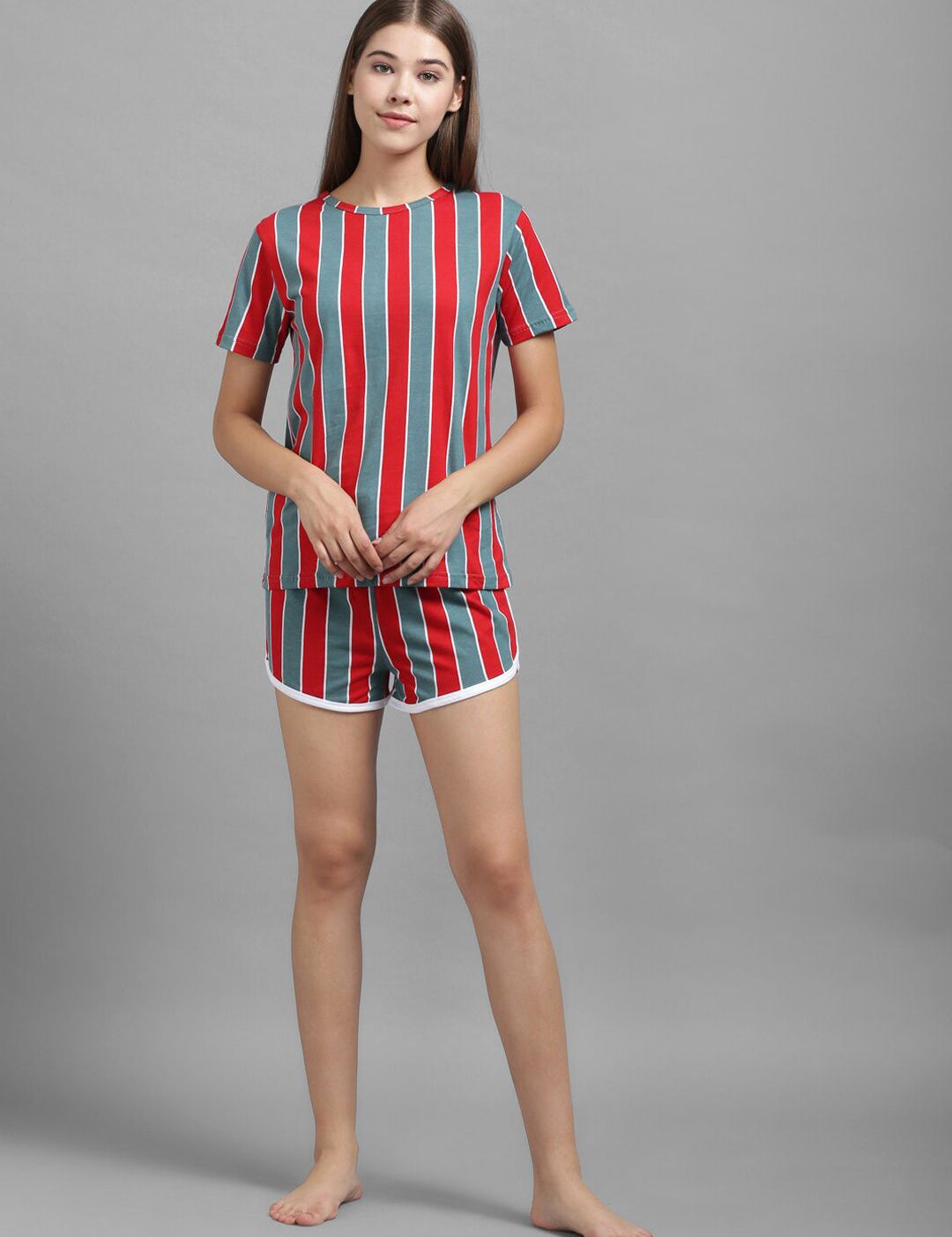 Kotty Women Grey & Red Striped Night Suit