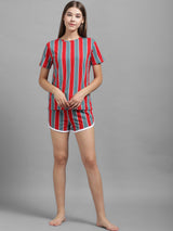 Kotty Women Grey & Red Striped Night Suit