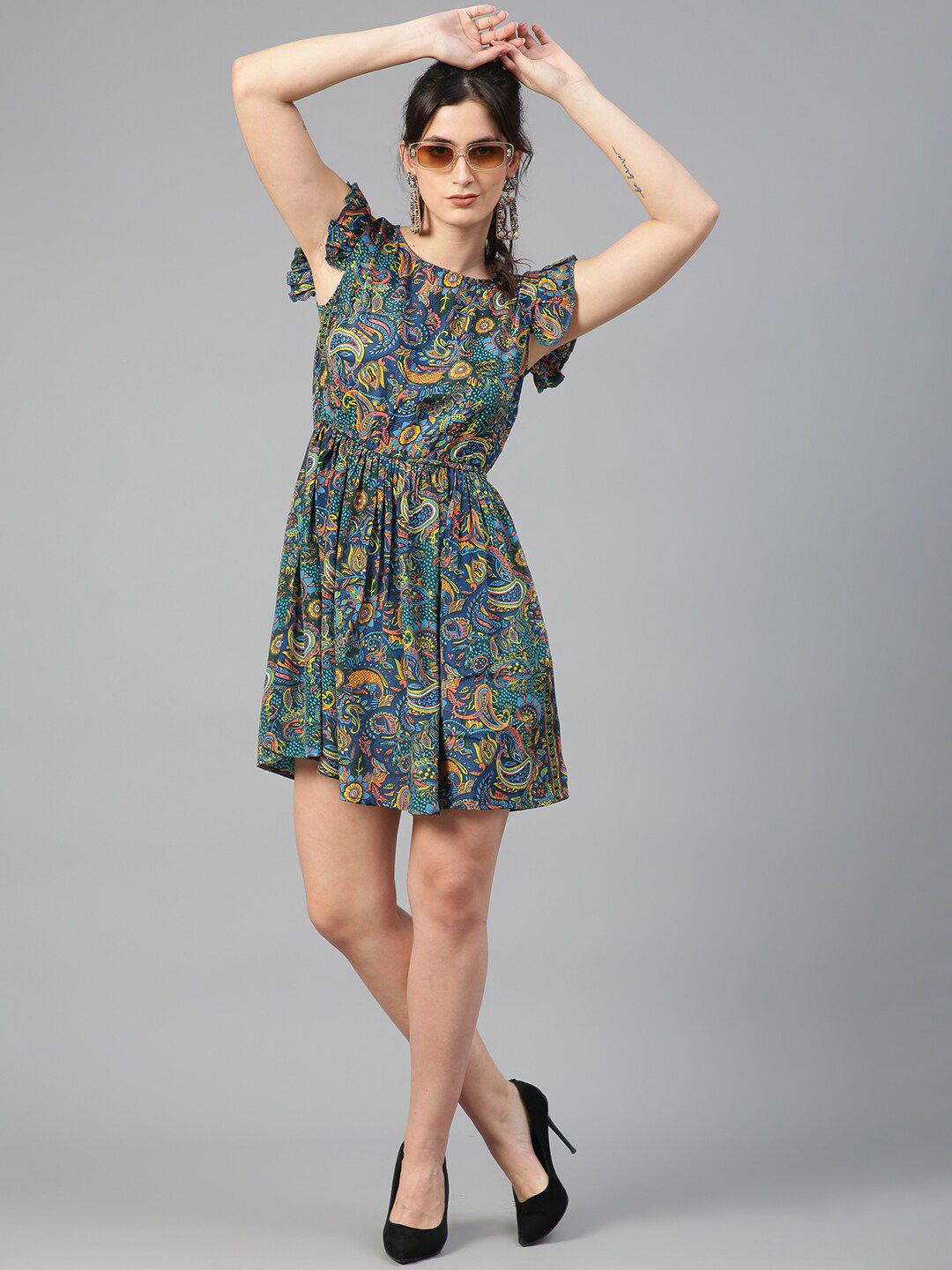 Kotty Floral Printed Flutter Sleeves Fit & Flare Dress