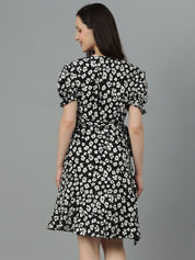 Kotty Black Floral Print A-Line Dress