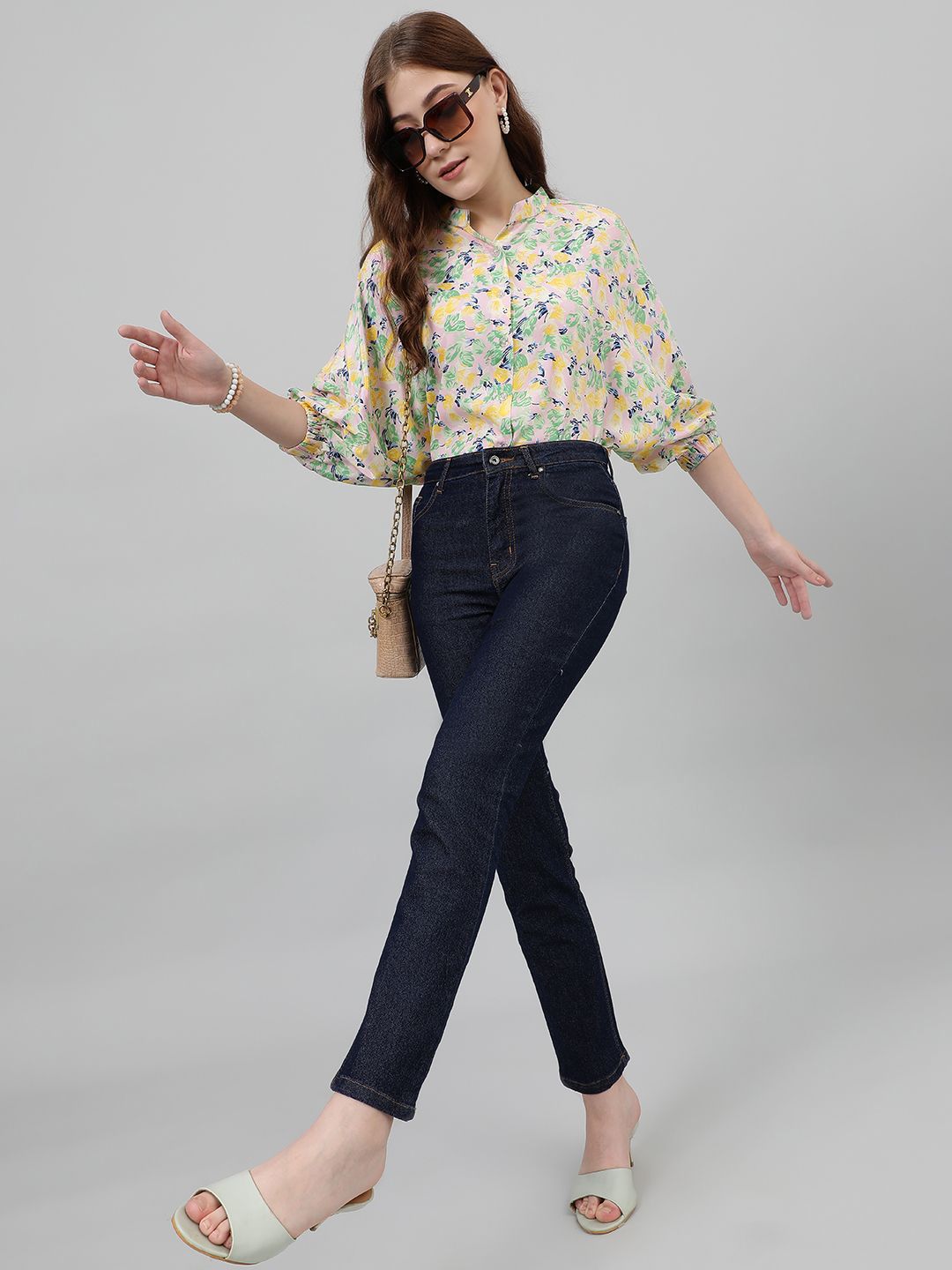 Kotty Yellow & Pink Floral Printed Mandarin Collar Puff Sleeves Crepe Casual Shirt