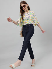 Kotty Yellow & Pink Floral Printed Mandarin Collar Puff Sleeves Crepe Casual Shirt