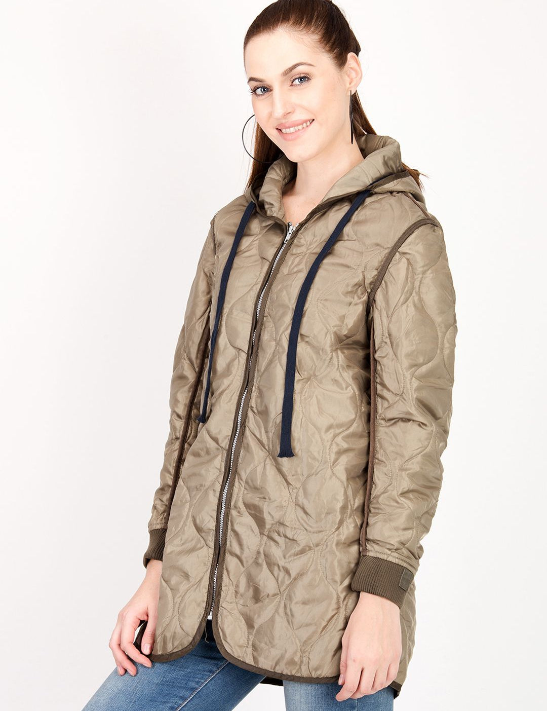 Kotty Women Brown Solid Insulator Longline Padded Jacket