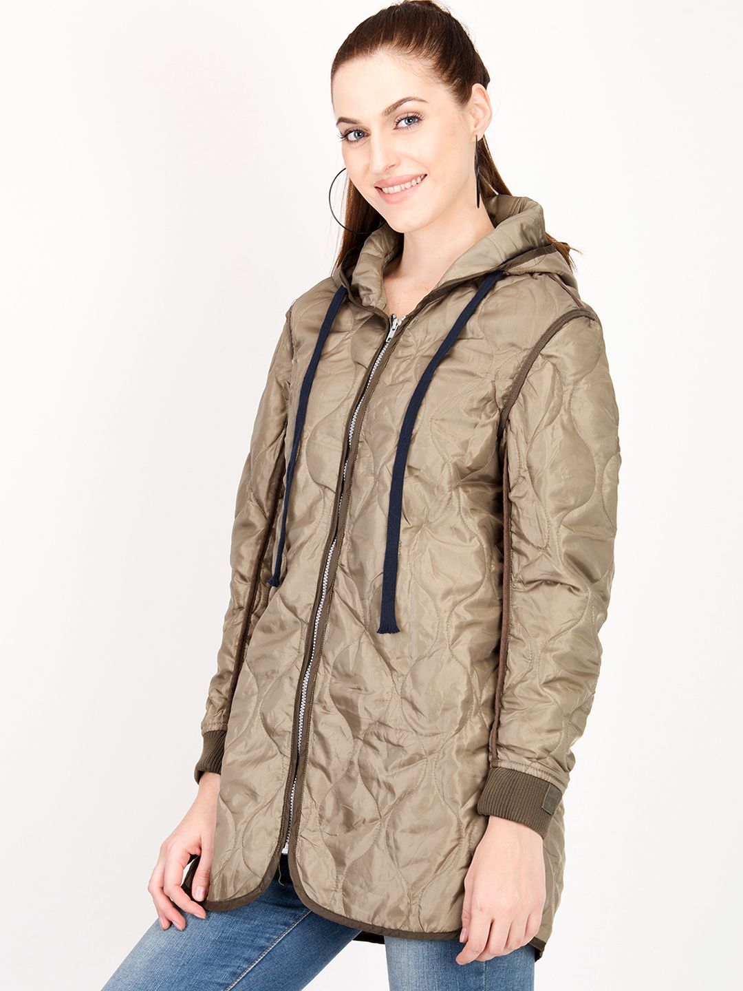 Kotty Women Brown Solid Insulator Longline Padded Jacket