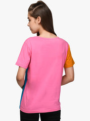 Kotty Women Orange & Blue Colourblocked Round Neck T-shirt