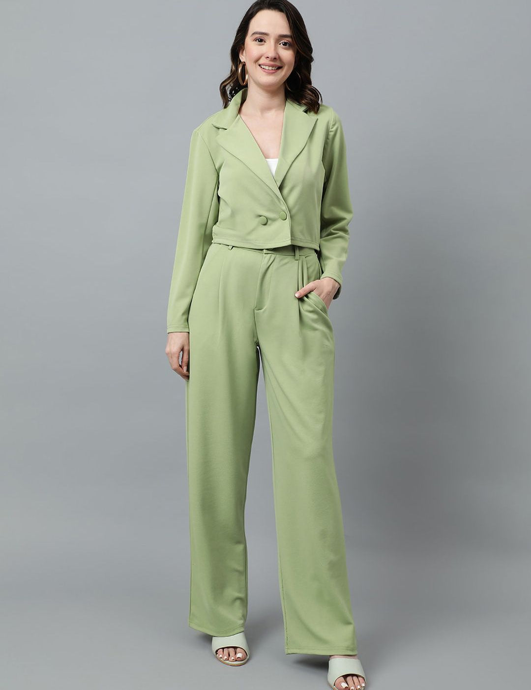 KOTTY BIZwear Green Notched Lapel Collar Blazer & Mid Rise Trouser