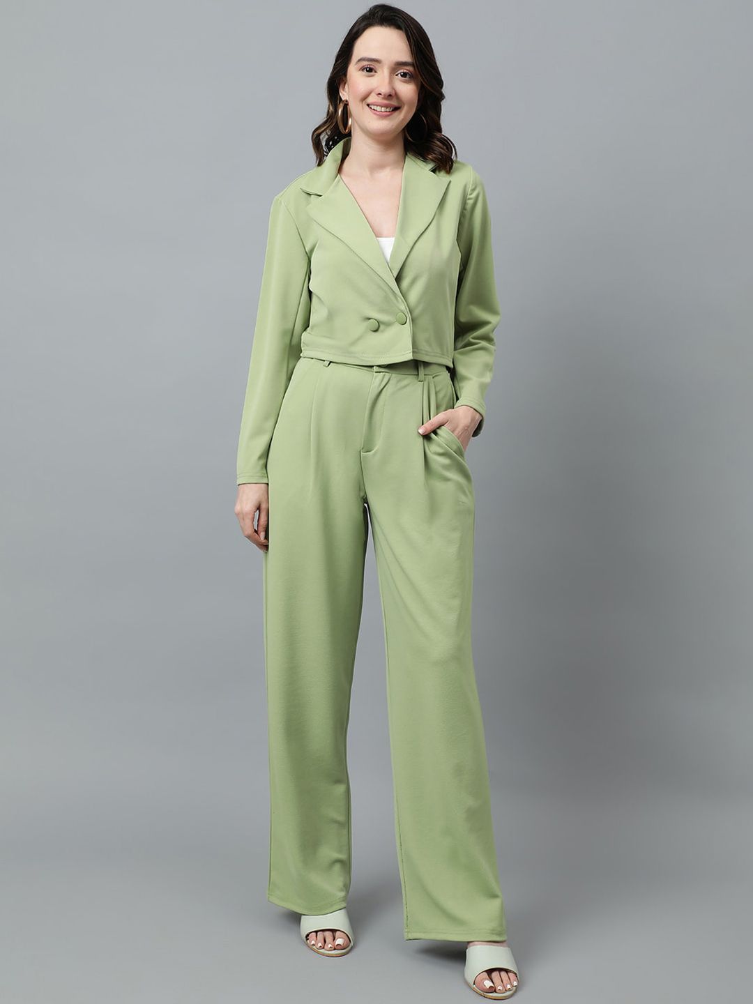 KOTTY BIZwear Green Notched Lapel Collar Blazer & Mid Rise Trouser