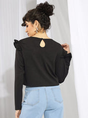 Kotty Black Round Neck Long Sleeves Ruffled Satin Top