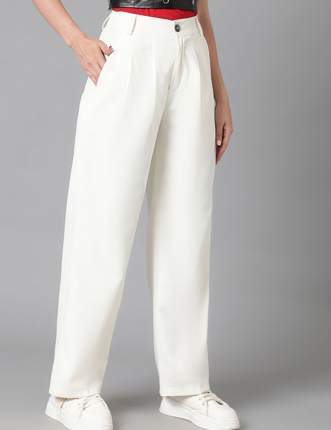 Kotty Women White Relaxed Straight Leg Straight Fit High-Rise Easy Wash Pleated Trousers