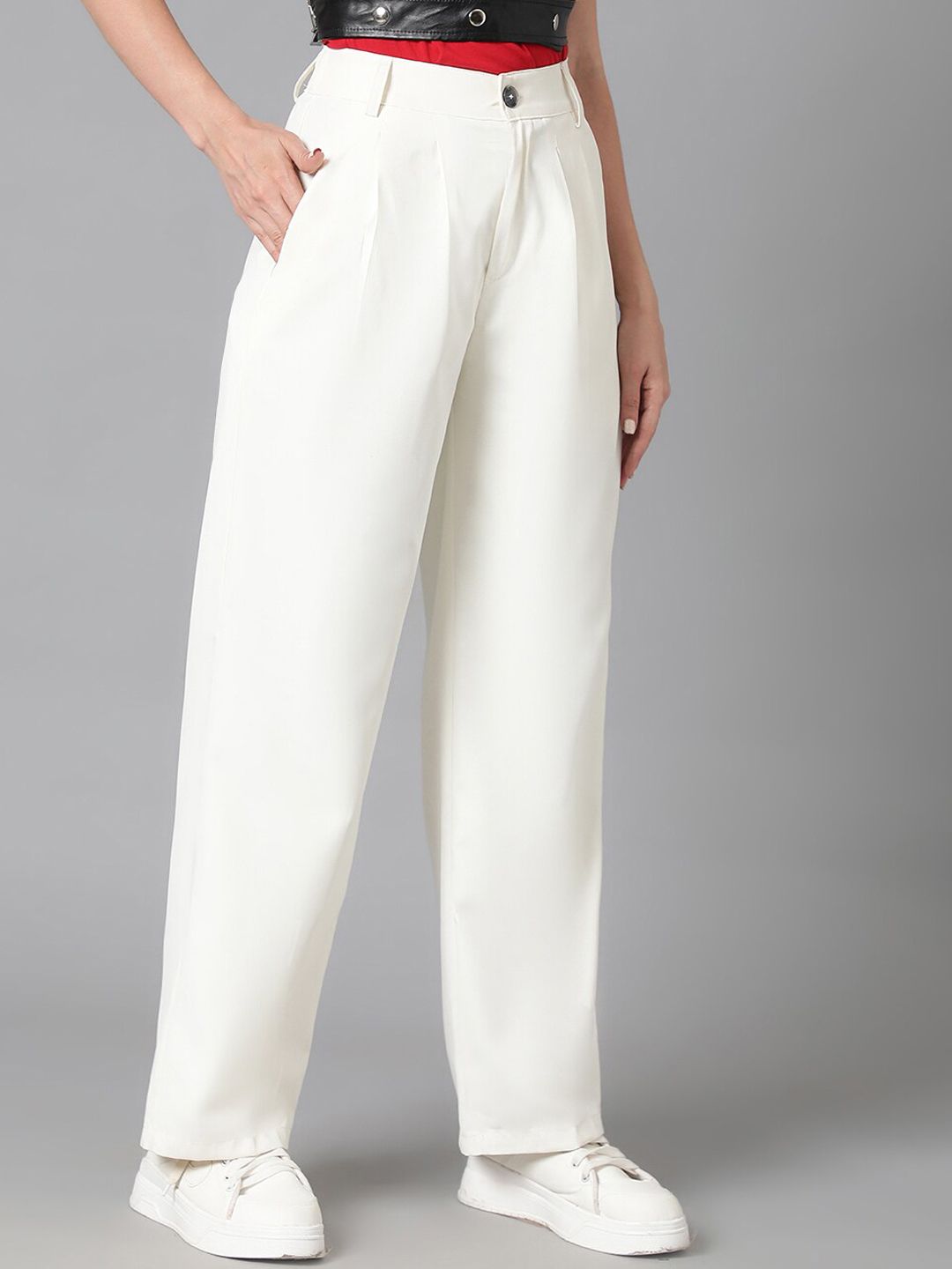 Kotty Women White Relaxed Straight Leg Straight Fit High-Rise Easy Wash Pleated Trousers
