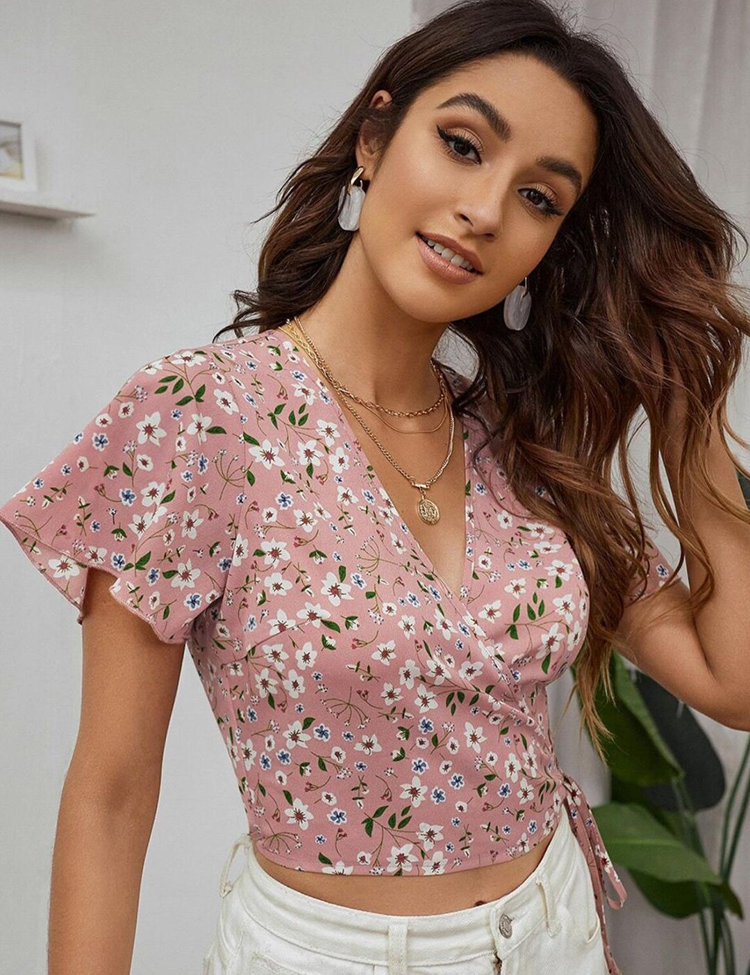 Kotty Women Pink Floral Print Crepe Wrap Crop Top