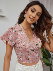 Kotty Women Pink Floral Print Crepe Wrap Crop Top
