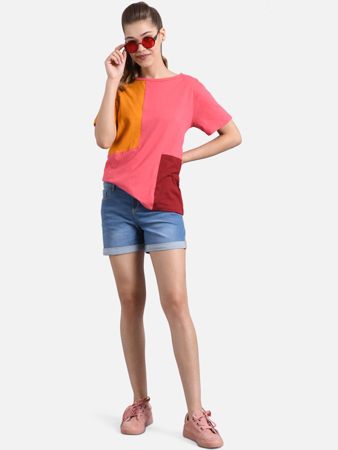 Kotty Women Pink & Mustard Yellow Colourblocked Round Neck T-shirt