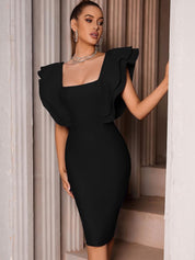 Kotty Black Square Neck Flutter Sleeves Bodycon Dress