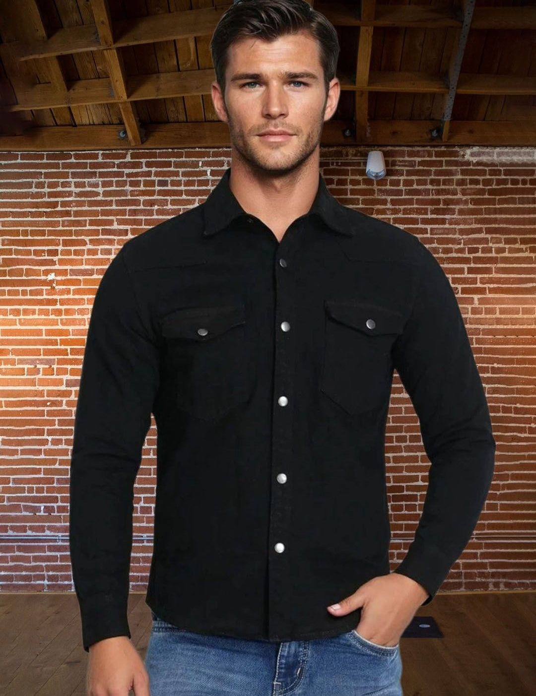 Kotty Men Spread Collar Solid Denim Jacket