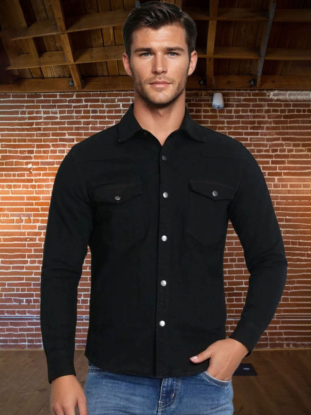 Kotty Men Spread Collar Solid Denim Jacket