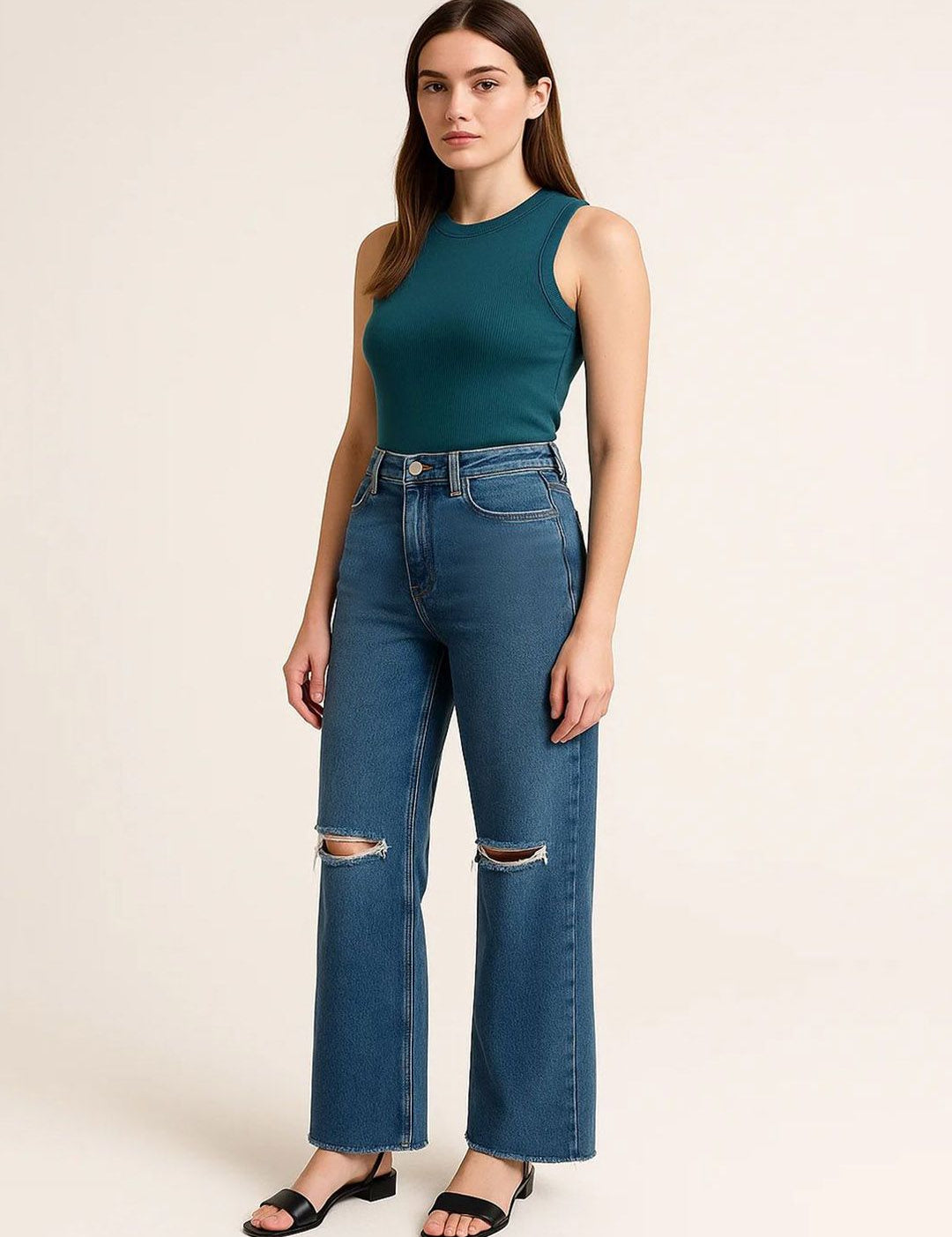 Kotty Womens Dark Blue High-Rise Straight Fit Distress Jeans