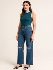 Kotty Womens Dark Blue High-Rise Straight Fit Distress Jeans