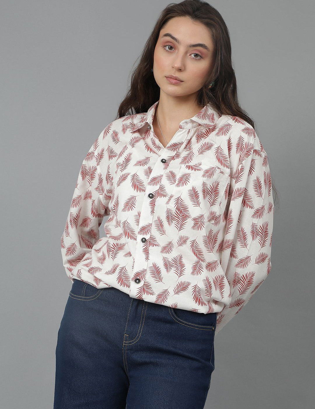 Kotty Women Spread Collar Floral Printed Cotton Oversized Casual Shirt