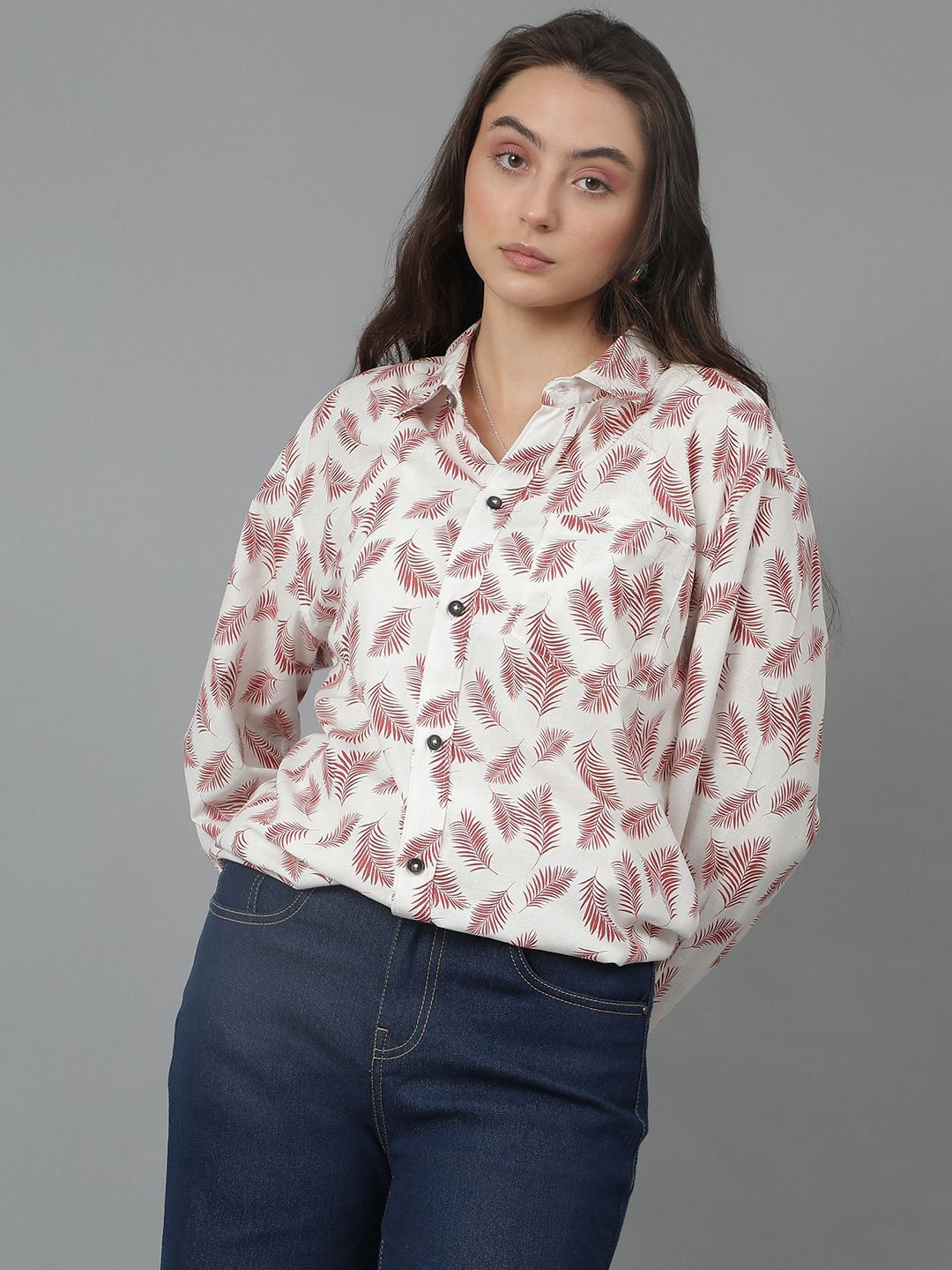 Kotty Women Spread Collar Floral Printed Cotton Oversized Casual Shirt