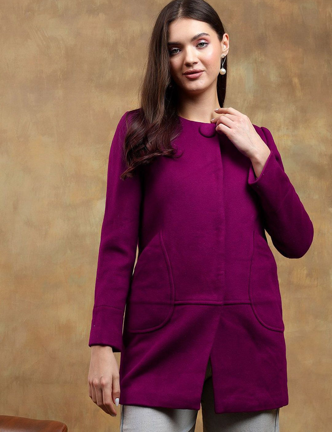Kotty Women Solid Mandarin Collar Purple Overcoat