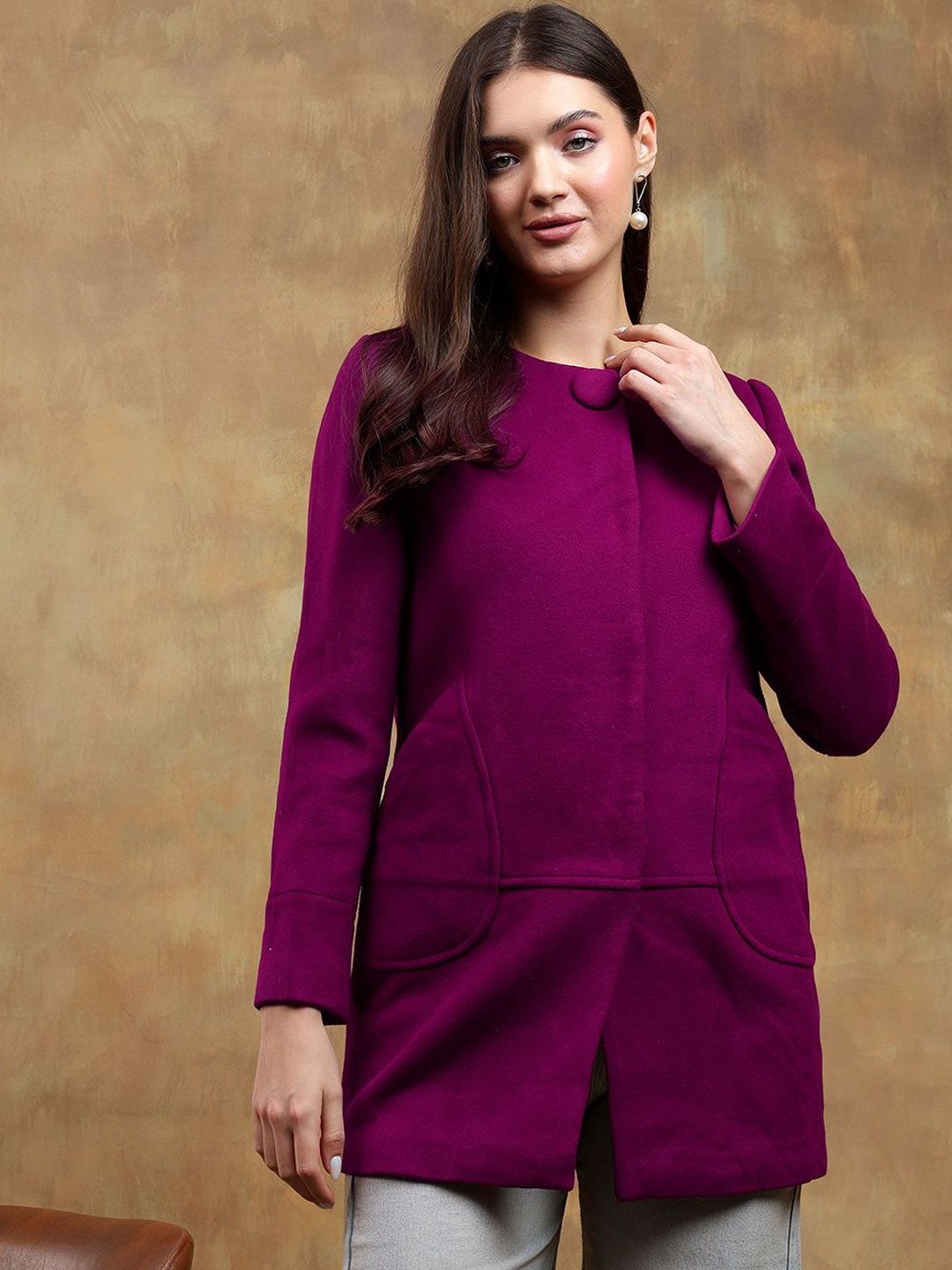 Kotty Women Solid Mandarin Collar Purple Overcoat