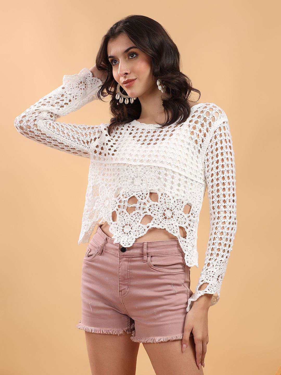 Kotty Women Round Neck Crochet Crop Top