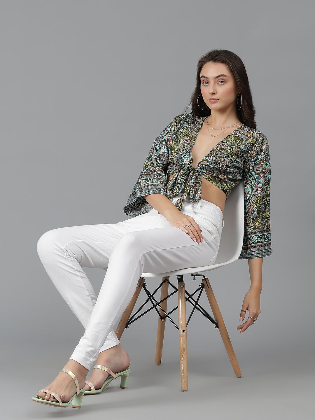 Kotty Print Flared Sleeve Crop Top